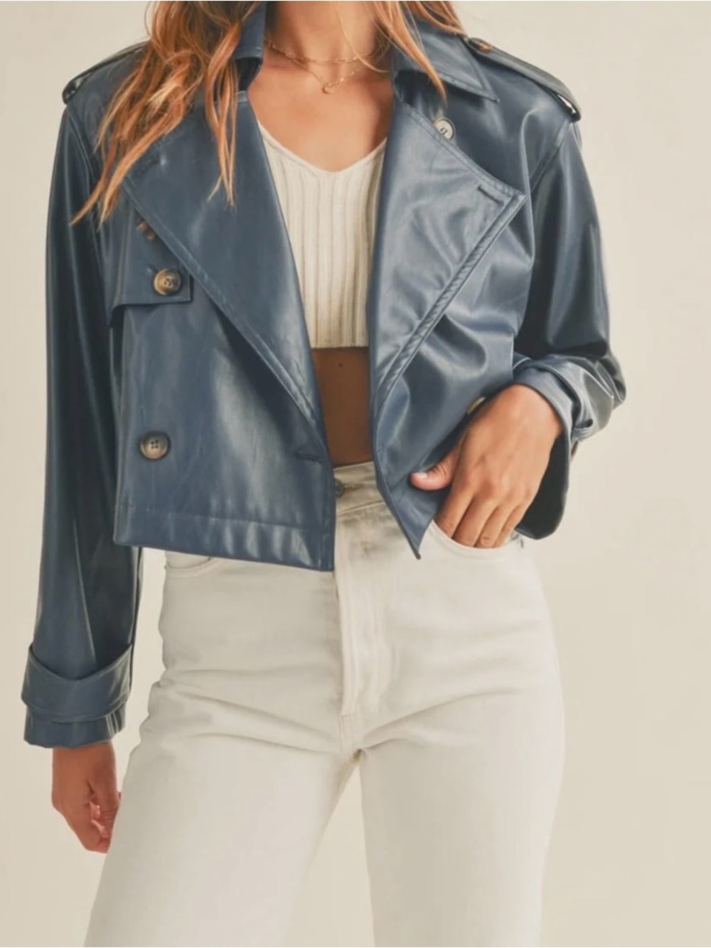 Cropped Faux Leather Trench Jacket in Slate Blue Size M